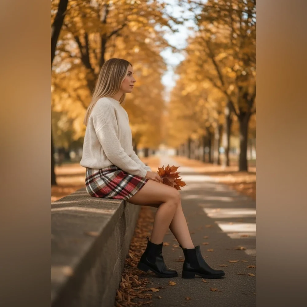 Tan Red Black Plaid Mini Skirt Medium